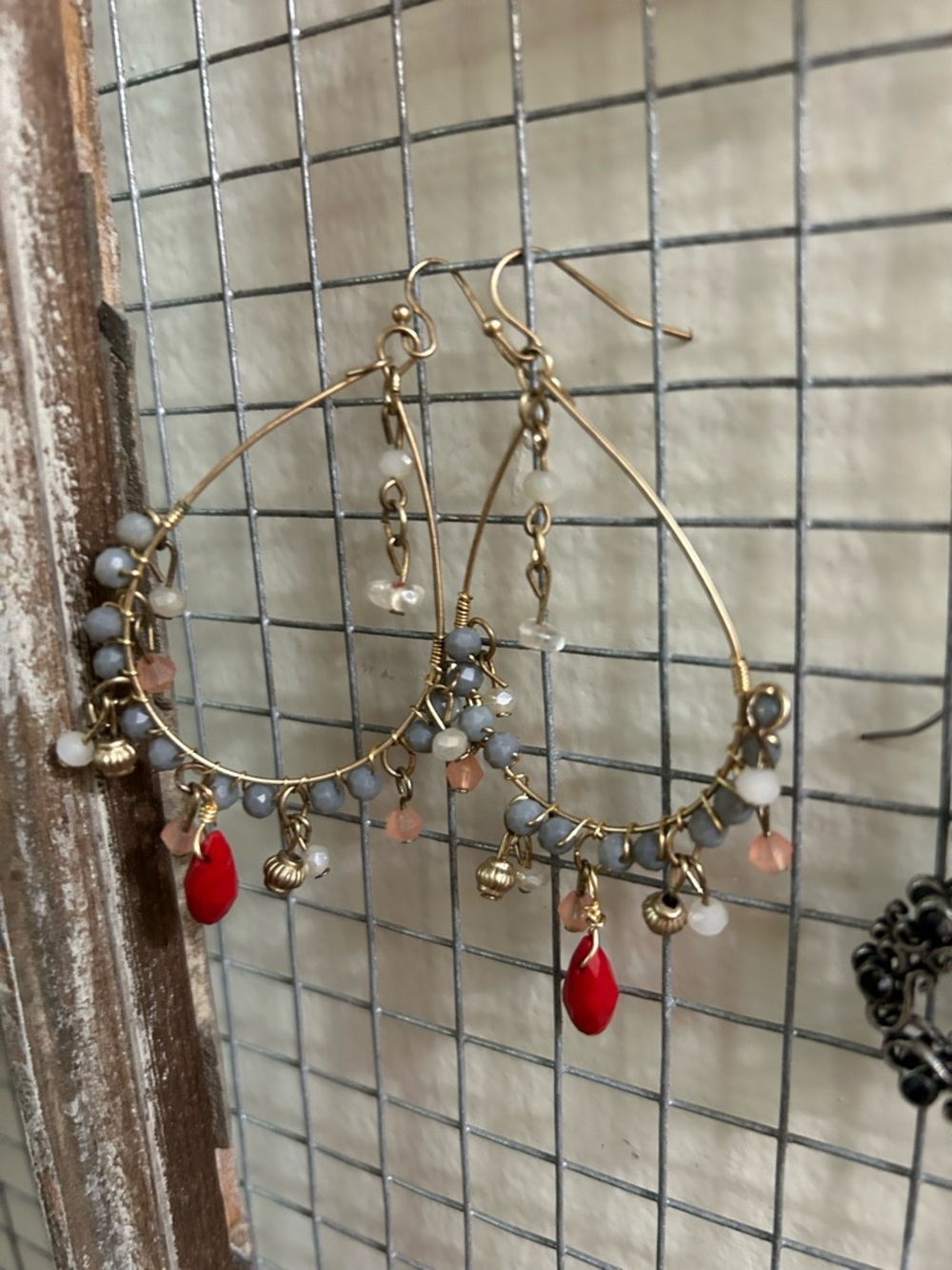Gold Hoop Earrings with Red Teardrop Charms